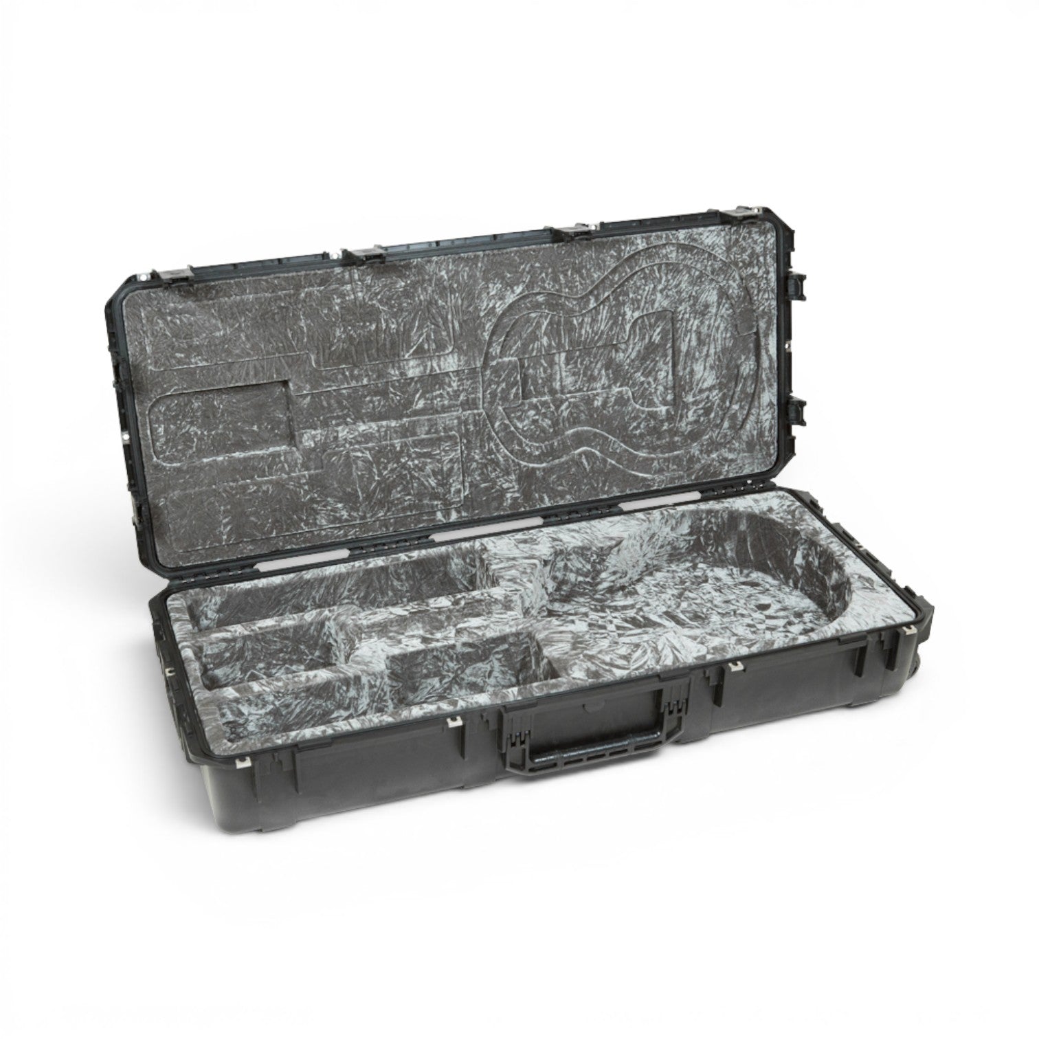Angled view of open Jumbo Acoustic Guitar Case with waterproof design and molded interior for snug guitar fit and protection.