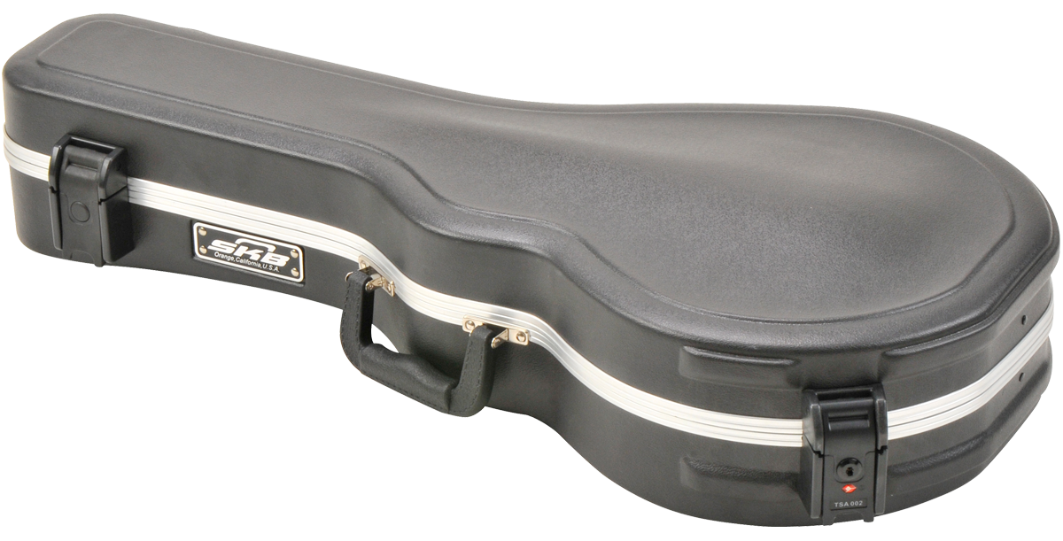 Closed F Style Mandolin Case with TSA locks, durable ABS exterior and molded handle for secure instrument transport.