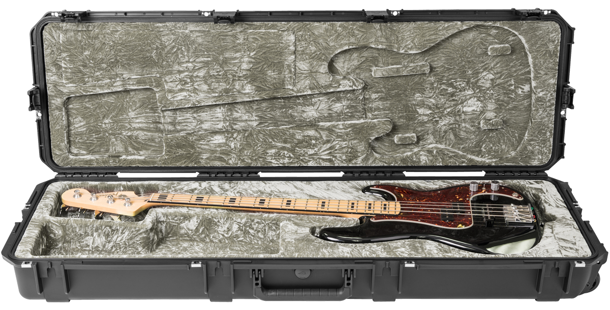 Waterproof Bass Guitar Case with TSA latches securely holds a Precision/Jazz bass inside plush interior for maximum protection during travel.