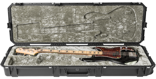 Waterproof Bass Guitar Case with TSA latches securely holds a Precision/Jazz bass inside plush interior for maximum protection during travel.