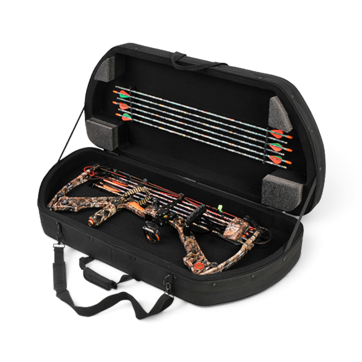 SKB Cases Hybrid 4120 bow case in black ballistic nylon with an open lid showing arrow storage and a camo compound bow
