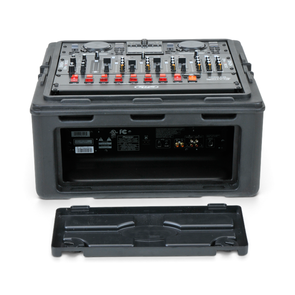 Rear view of 10 x 2 rack case with open back panel, revealing cable ports and internal AV equipment connections for easy access.