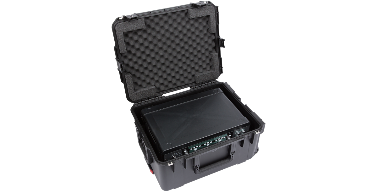 Injection Molded Fly Rack with Kemper Profiler inside open iSeries case, highlighting protective foam and travel-ready design.