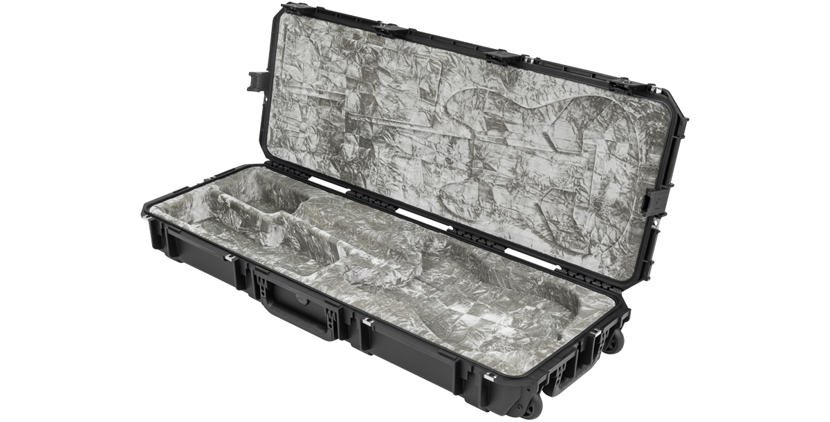 Empty iSeries guitar case for Stratocaster models, featuring custom-molded plush interior and accessory compartments.
