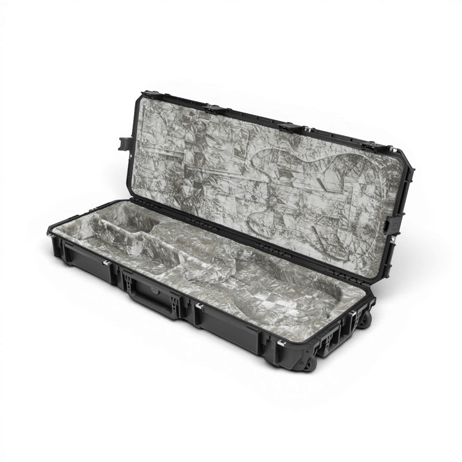 Empty iSeries guitar case for Stratocaster models, featuring custom-molded plush interior and accessory compartments.