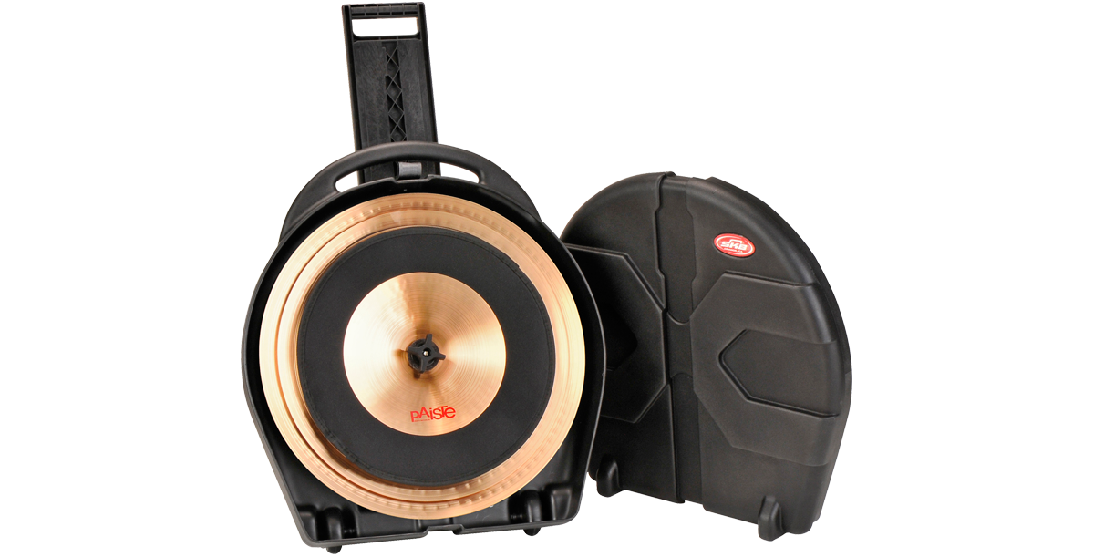 22 Inch Cymbal Case open with eight cymbals inside, showcasing SKB Roto-X design, padded interior, and removable lid for easy access.