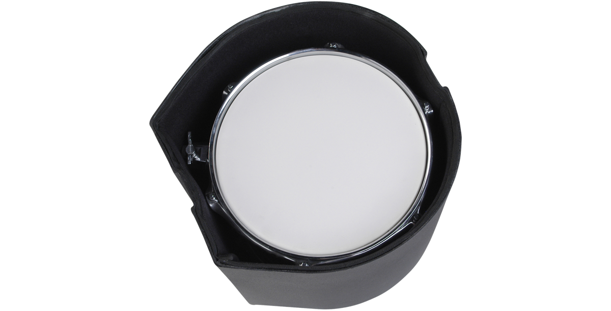 Top view of tom drum securely placed inside roto-molded case with padded lining, ensuring snug fit and superior protection during travel.