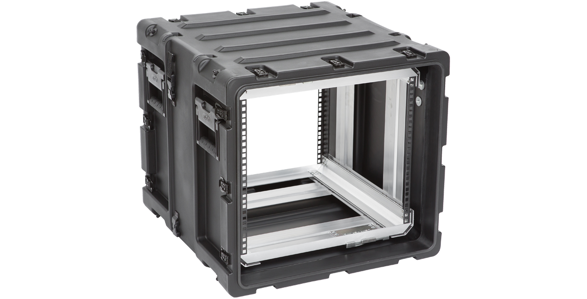 Side angle of 20-inch shock rack case with reinforced corners and handles, ideal for transporting delicate electronics safely.