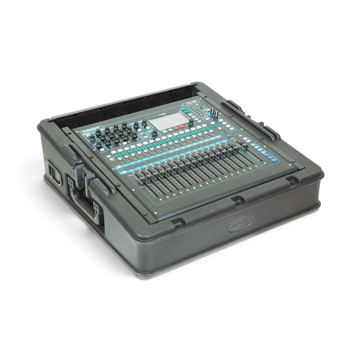 10U Mixer Rack Case housing an Allen & Heath QU16 mixer, showcasing its durable roto-molded design and steel rails for stable, secure setup.