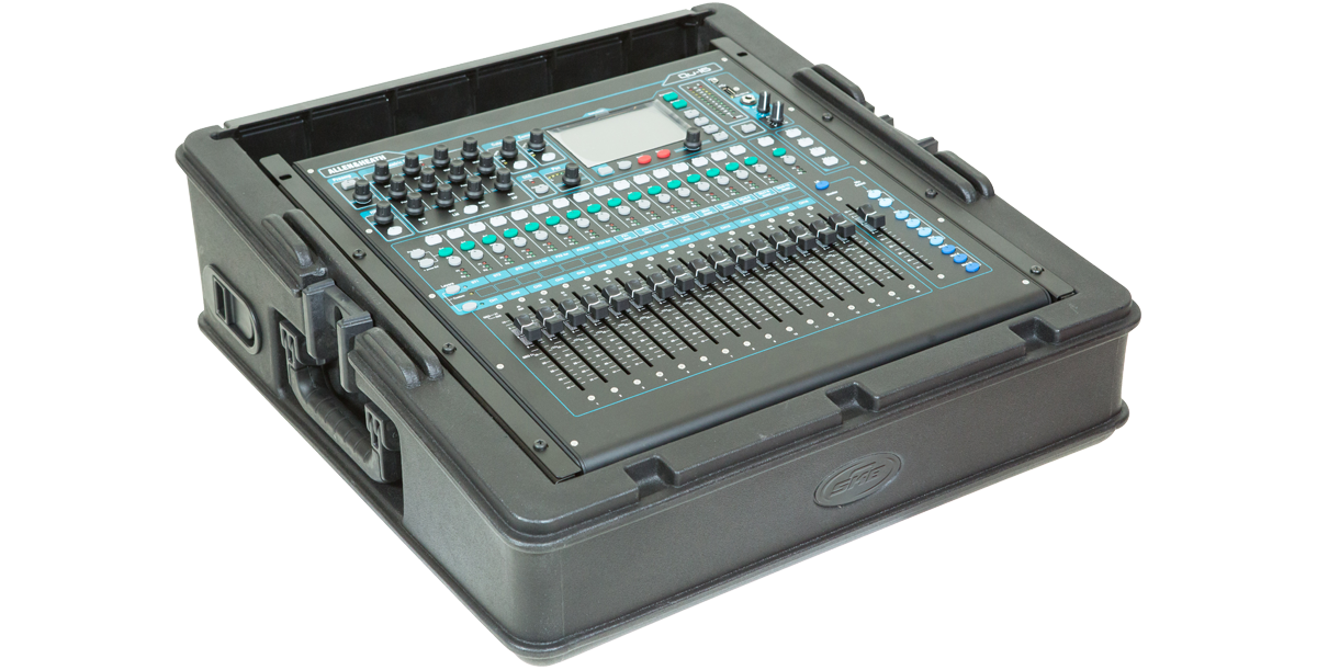 10U Mixer Rack Case housing an Allen & Heath QU16 mixer, showcasing its durable roto-molded design and steel rails for stable, secure setup.