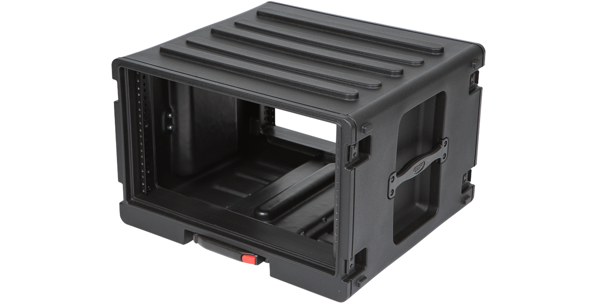 Angled side view of SKB 6U Rolling Rack with handle and wheels, highlighting rugged roto-molded body and rack rails.