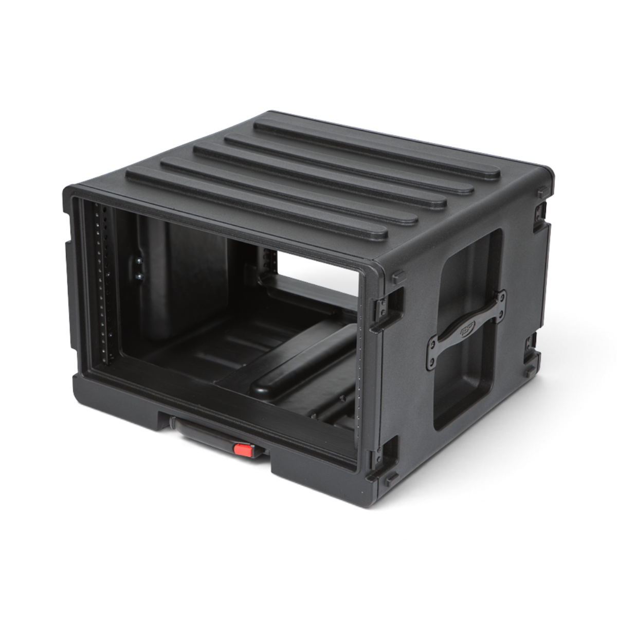 Angled side view of SKB 6U Rolling Rack with handle and wheels, highlighting rugged roto-molded body and rack rails.
