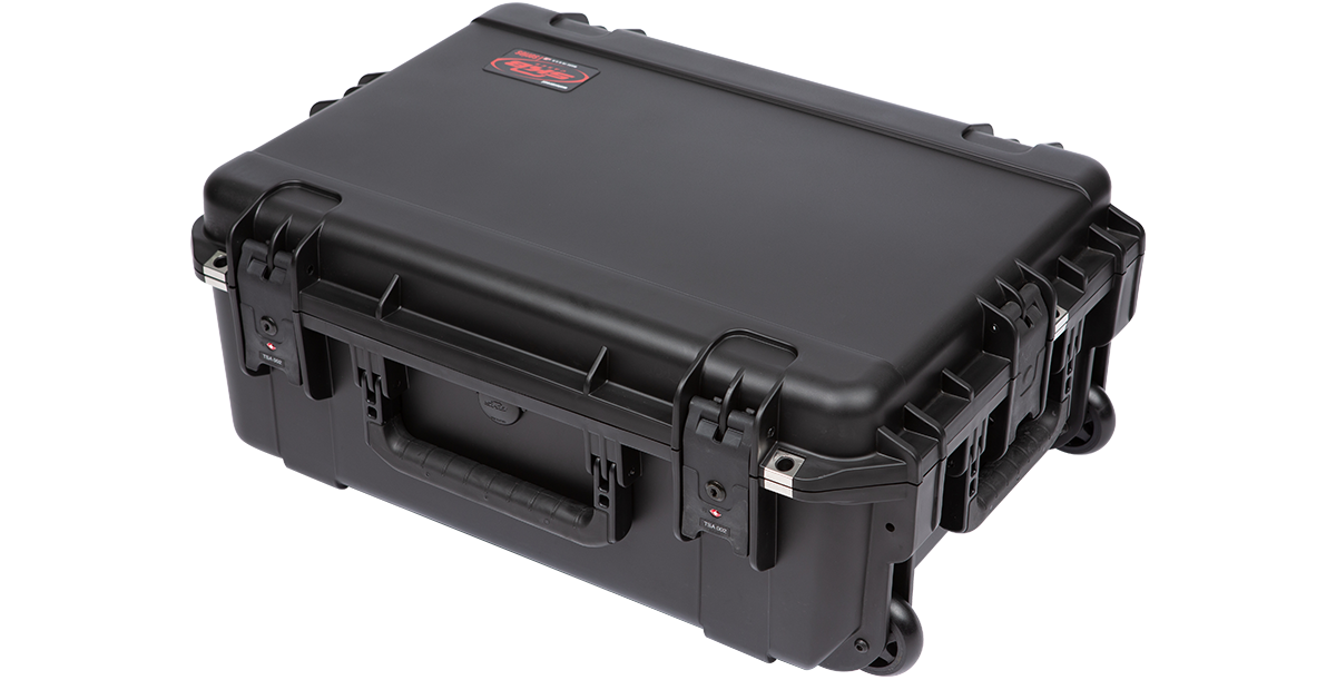SKB 2U iSeries Fly Rack closed case with wheels and handle, built for lightweight, waterproof gear transport and TSA compliance.