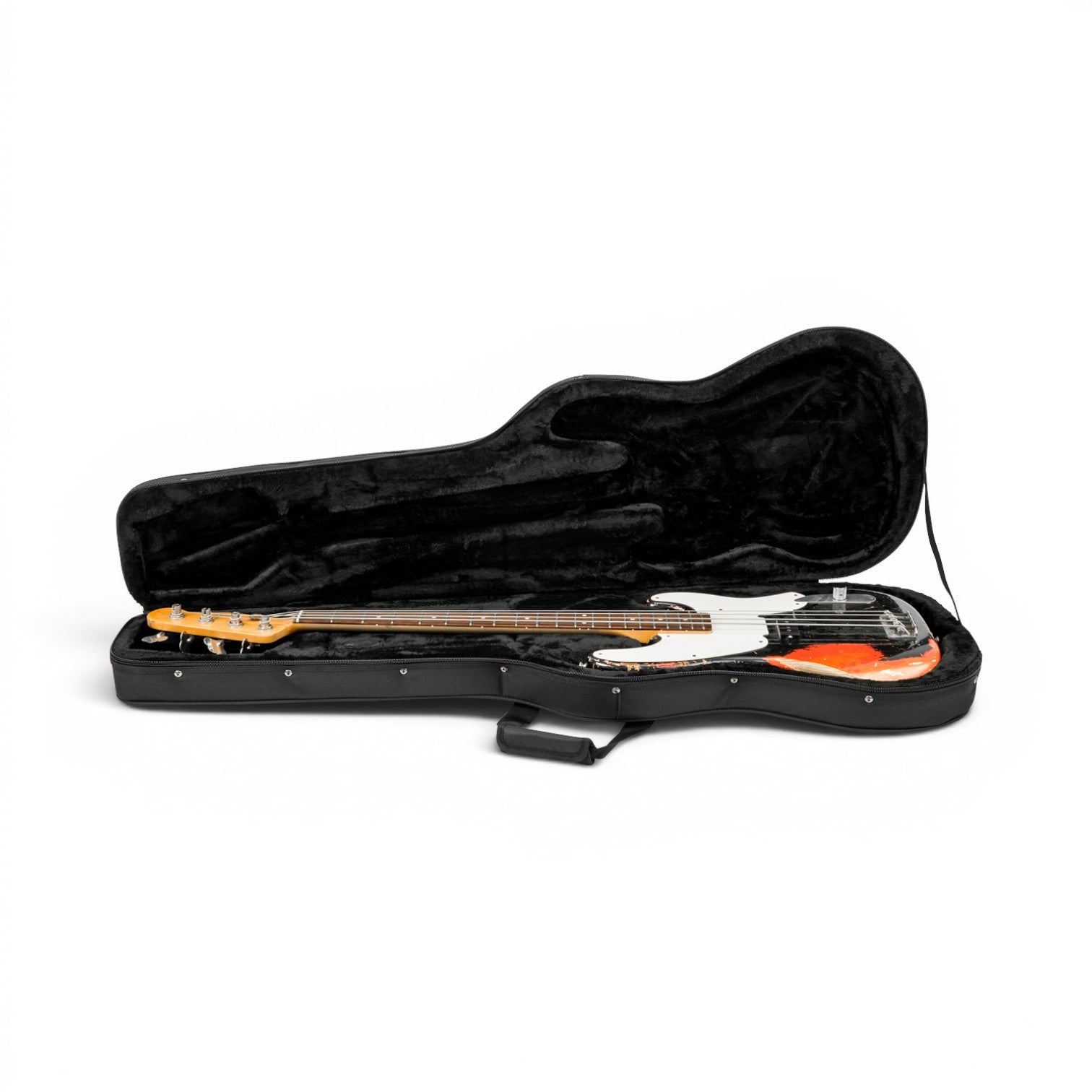 Universal Electric Bass Soft Case with EPS foam interior shown open with bass guitar inside, offering secure fit and plush black lining.