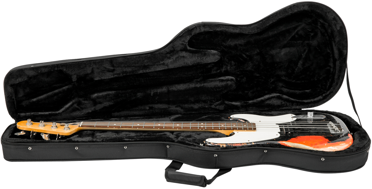 Universal Electric Bass Soft Case with EPS foam interior shown open with bass guitar inside, offering secure fit and plush black lining.