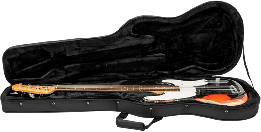 Universal Electric Bass Soft Case with EPS foam interior shown open with bass guitar inside, offering secure fit and plush black lining.