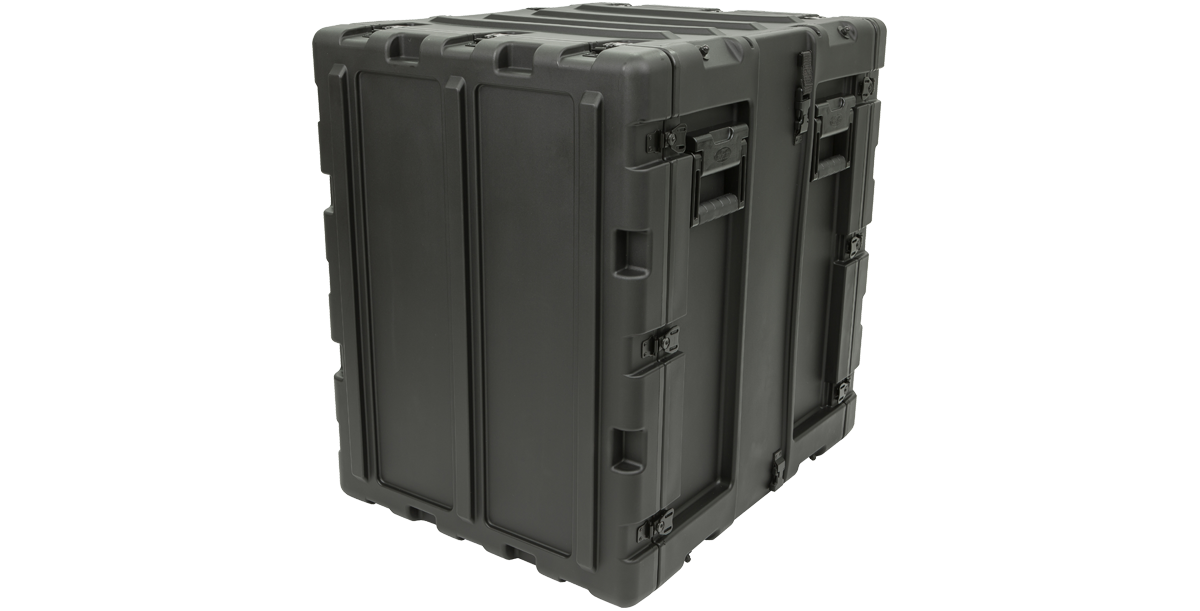 Rear angled view of 14U Shockproof Rack - Durable 20" RS Series Case with molded handles and secure latches for heavy-duty use.