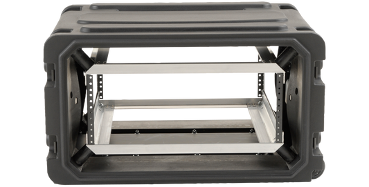 Front view of 4U Rolling Shock Rack - 20-inch Deep with secure aluminum frame and shock-absorbing design for pro audio equipment protection.