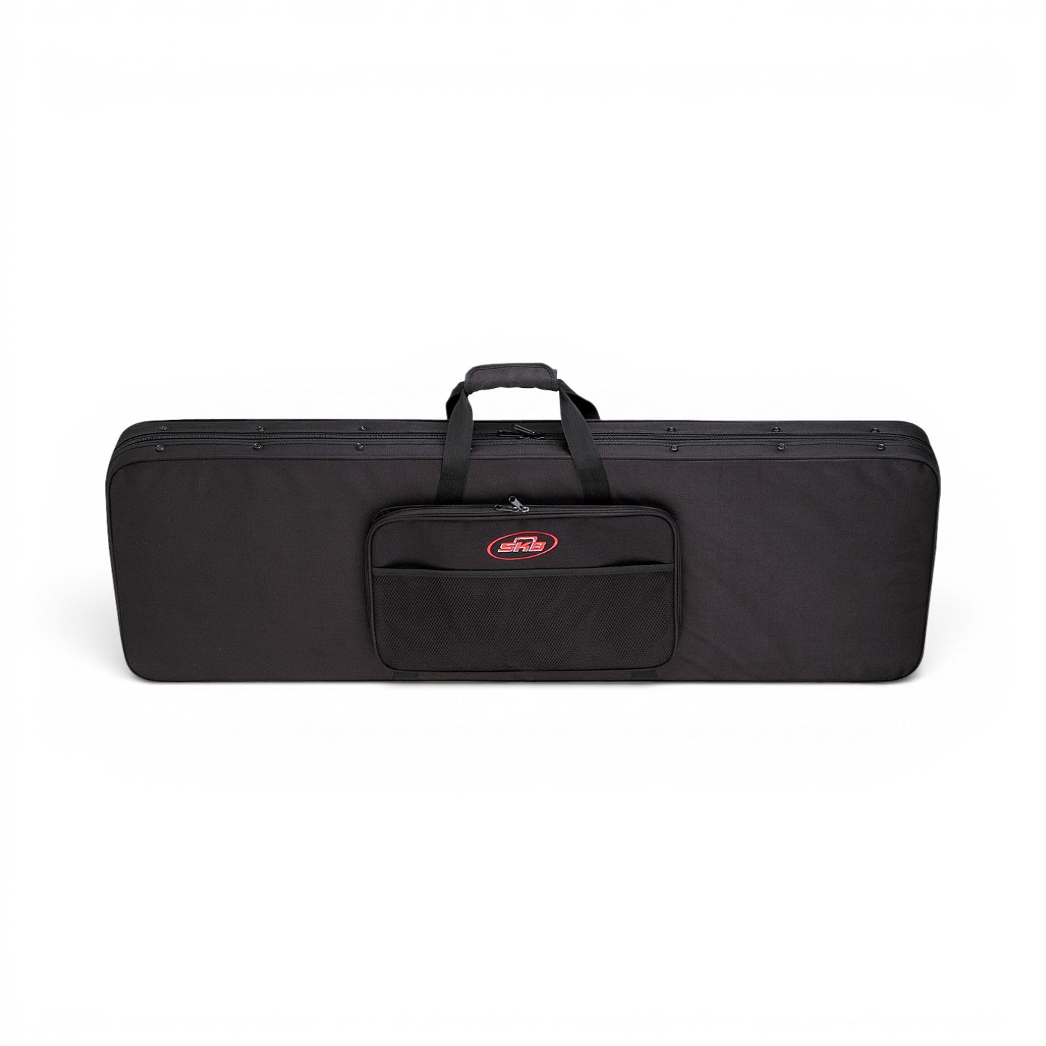 Bass guitar soft case featuring dual zippers, padded handle, and front storage pocket. Perfect for protecting your electric bass guitar.