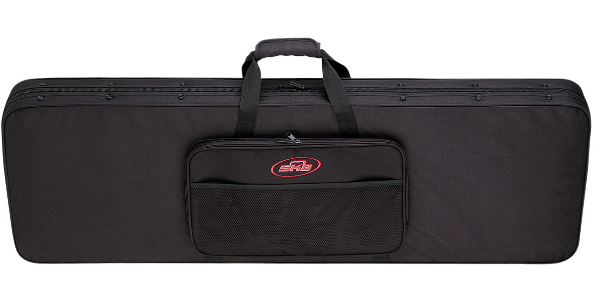 Bass guitar soft case featuring dual zippers, padded handle, and front storage pocket. Perfect for protecting your electric bass guitar.
