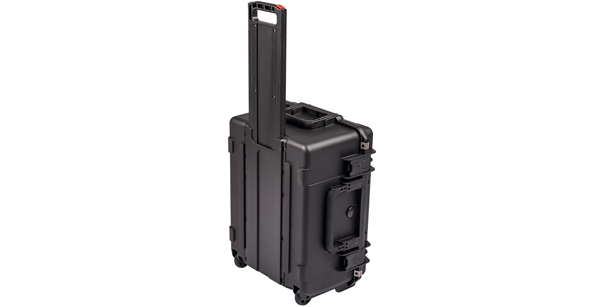 iSeries 2015-10 Waterproof Case in upright position with extended handle, perfect for transporting heavy-duty vacuum or camera gear.