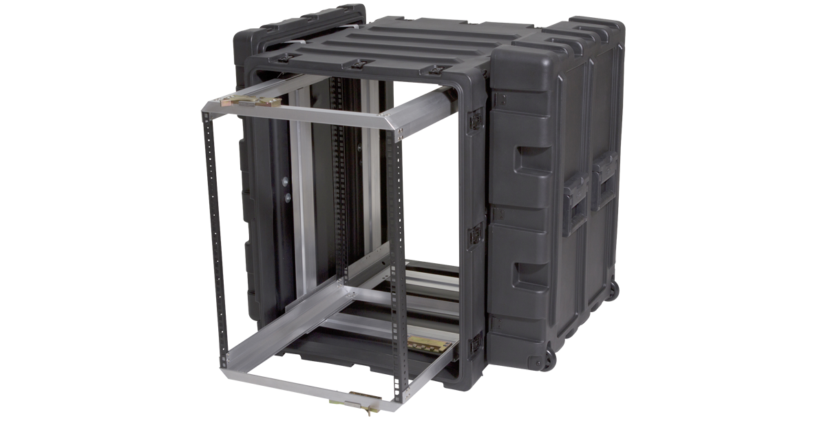 Angled view of 14U Shock Rack Transport Case displaying rugged polyethylene shell and shock-mounted rack frame.