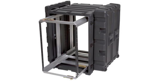 Angled view of 14U Shock Rack Transport Case displaying rugged polyethylene shell and shock-mounted rack frame.