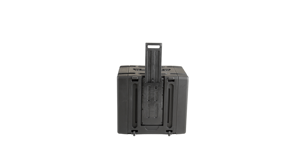 Rear view of 20-inch Shock Rack with extended telescoping handle and vertical grooves for easy rolling and stacking.