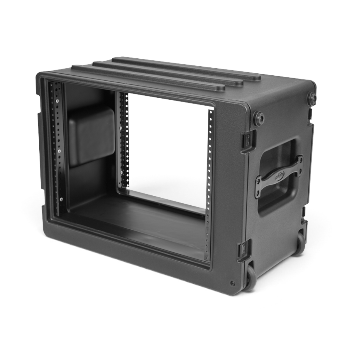 SKB Cases 8U rSeries shallow rolling rack made of black polyethylene with steel threaded rails and side wheels.