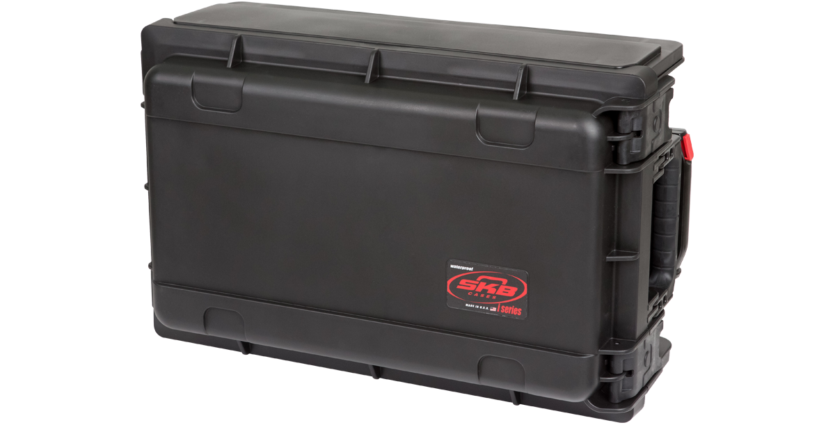 Vertical standing 2U Rack Case with molded design and SKB logo, built for lightweight, durable gear protection.