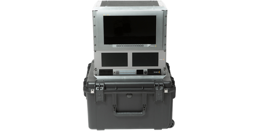 10U Shock Rack iSeries Fly Rack with mounted electronics, showcasing its durable, shock-resistant design for secure transport.