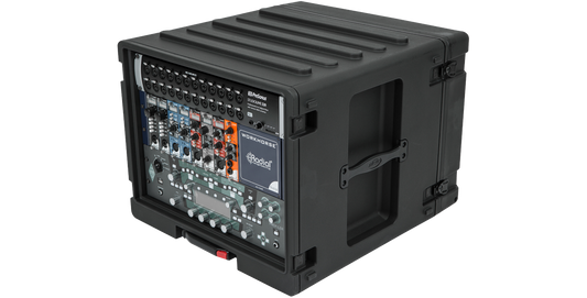 Angled front view of 8U SKB Rolling Rack with mounted audio equipment, highlighting its durable build and side carry handles for easy transport.