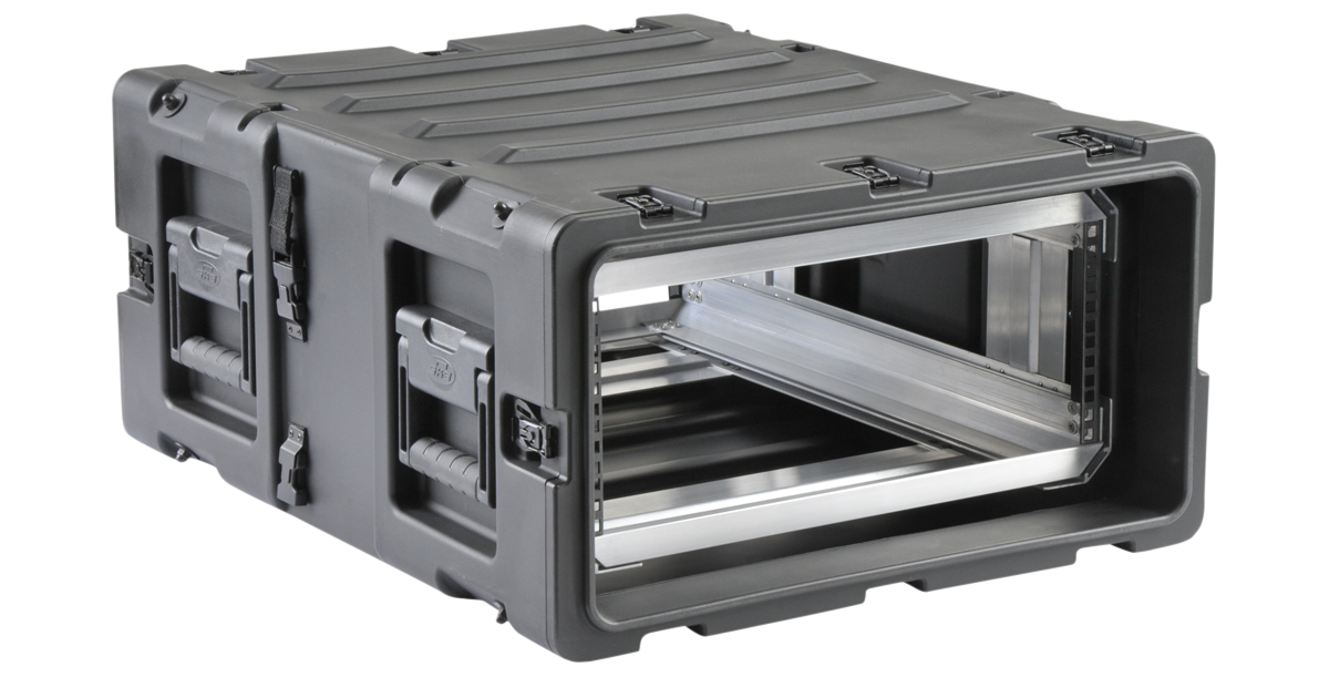 Open 4U shock rack case with 24-inch depth showing internal aluminum rack frame for mounting and securing electronic components.
