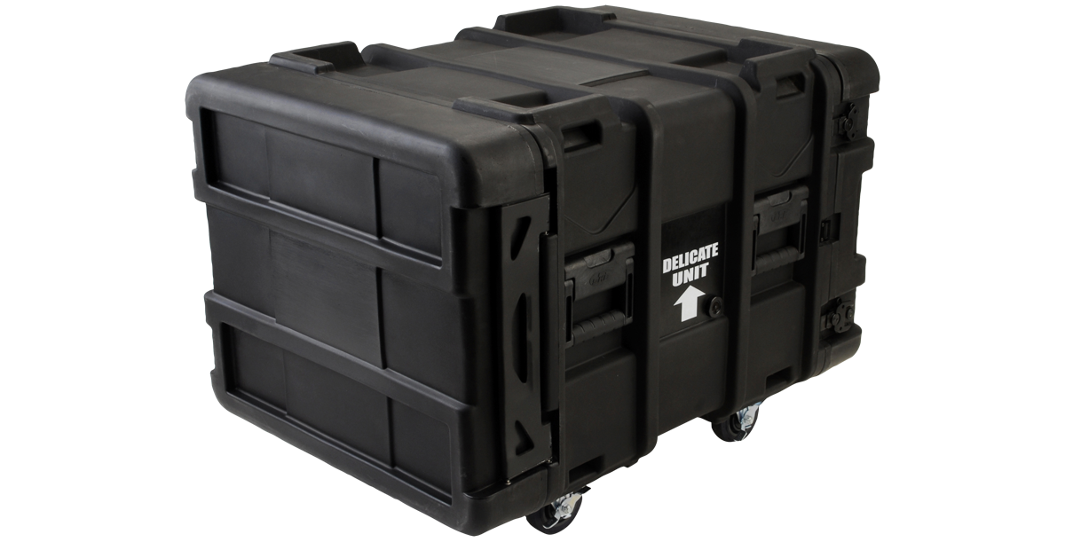 Side view of 24-inch rSeries Shock Rack Case with closed lids, showing durable black shell and mobility wheels for transport.