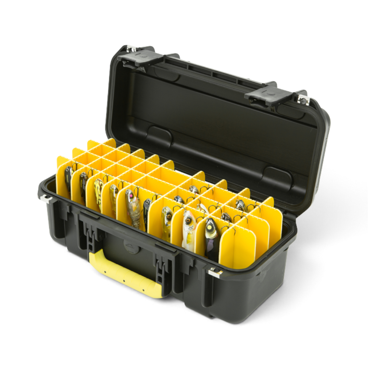 SKB Cases iSeries 1706-6 waterproof lure case in black with yellow interior dividers and organized fishing lures