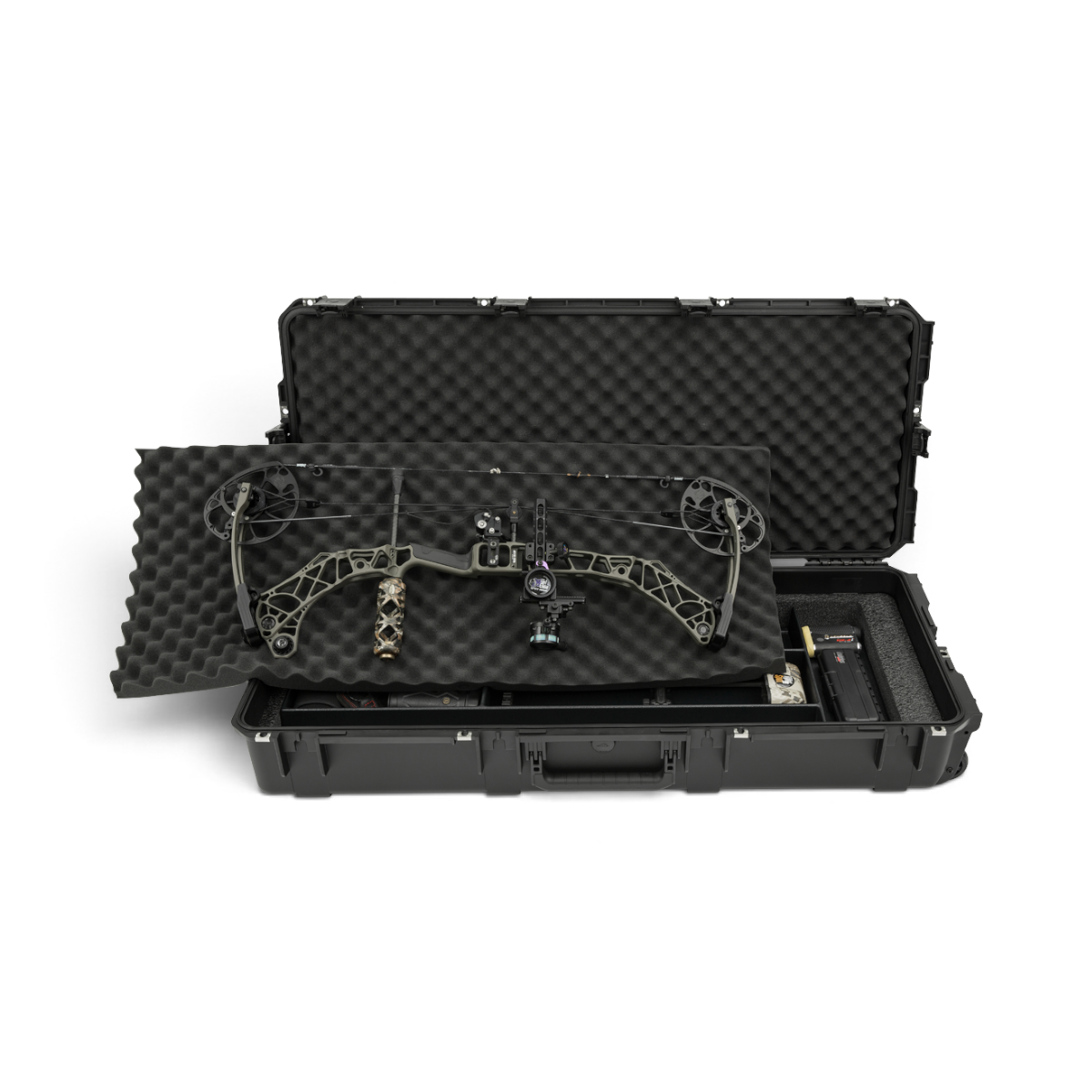 SKB Cases iSeries waterproof bow case with foam interior holding a compound bow and archery accessories