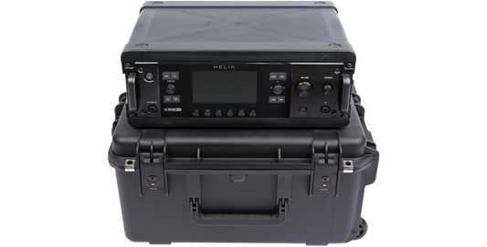 3U Injection Molded Fly Rack with Helix unit mounted on top of a durable iSeries case, ideal for pro audio travel and storage.