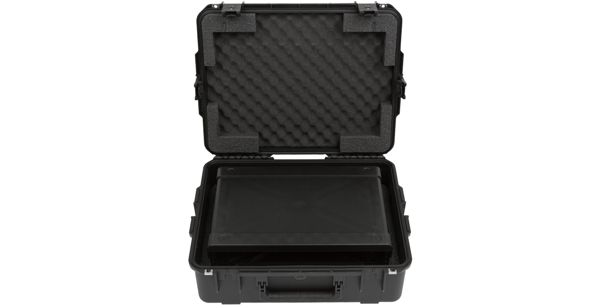 Open Injection Molded Fly Rack 2U Case with rack inside, showing foam-lined interior for shock absorption and protection.