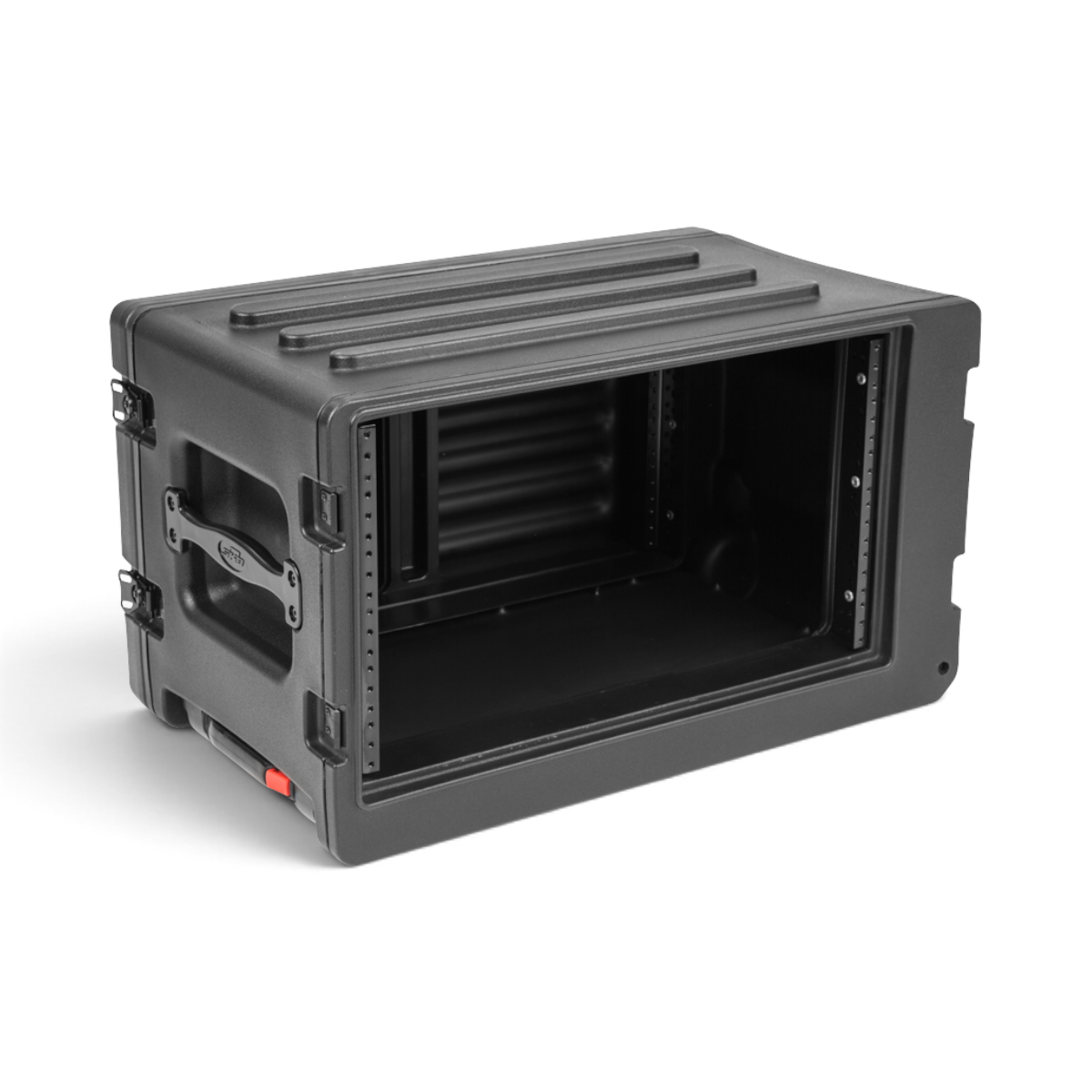 SKB Cases 6U rSeries shallow rolling rack in black roto-molded polyethylene with steel threaded rails and side handle.