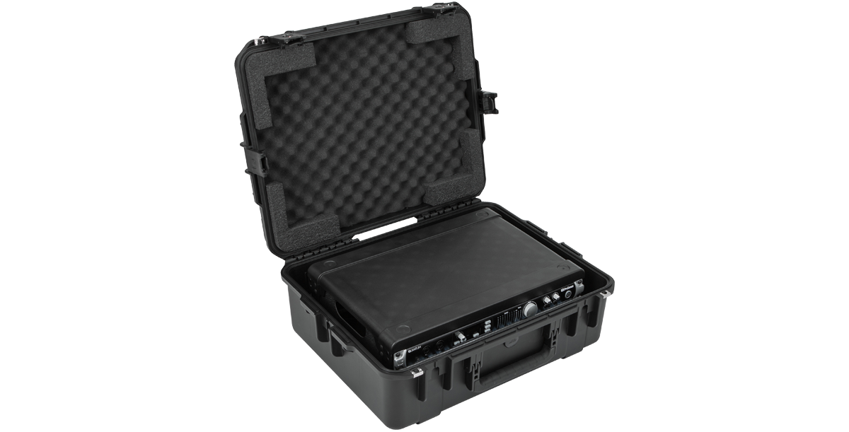 Durable Injection Molded Fly Rack 2U Case open with equipment, featuring watertight seal and TSA-approved latches.