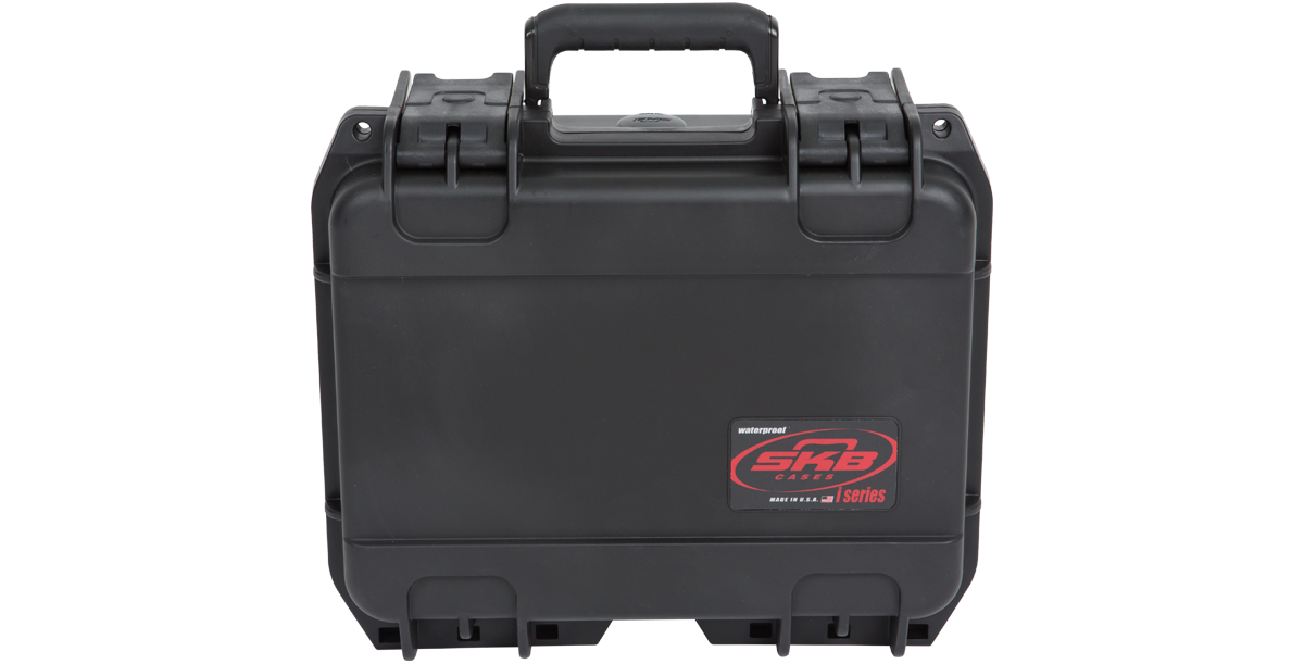 Front-facing closed iSeries 1209-4 waterproof case with molded handle and impact-resistant exterior for vacuum and fishing gear storage.