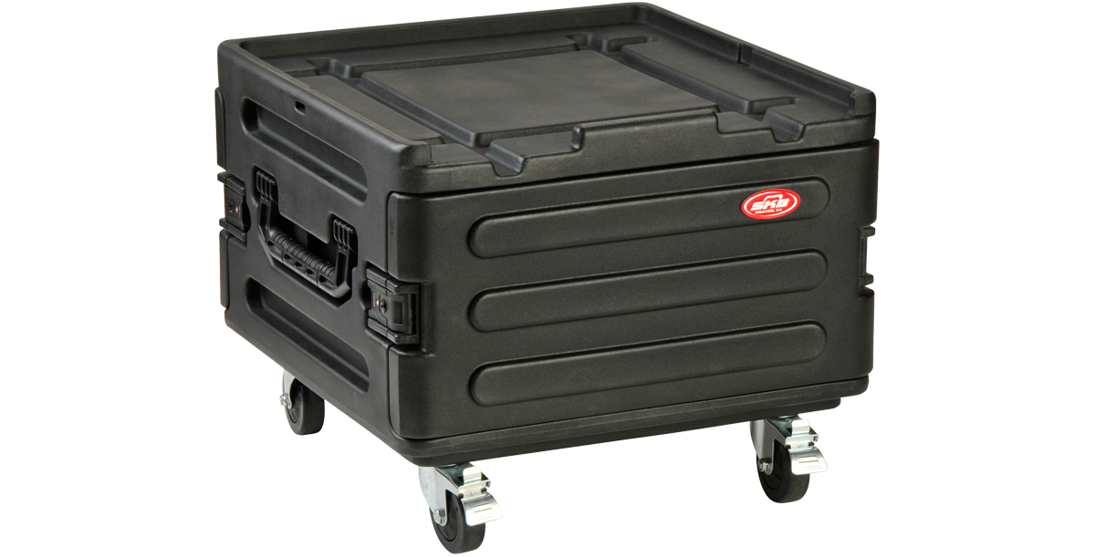 Closed Expandable Roto Molded Rack Case with Wheels and TSA locks, perfect for secure transport of household or audio accessories.
