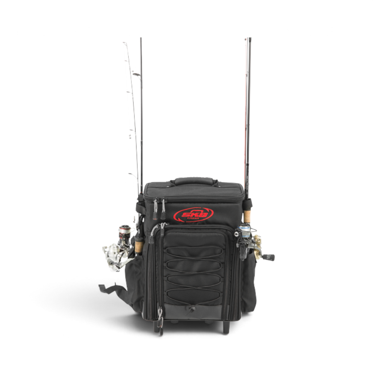 SKB Cases Tak-Pak black fishing tackle backpack with wheels, retractable handle, and two fishing rods attached.
