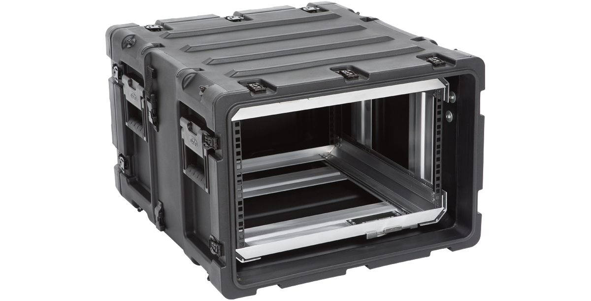 Side view of 6U RR Series Rack - 20-inch Deep Shock Rack showing internal rack space and ruggedized outer shell.