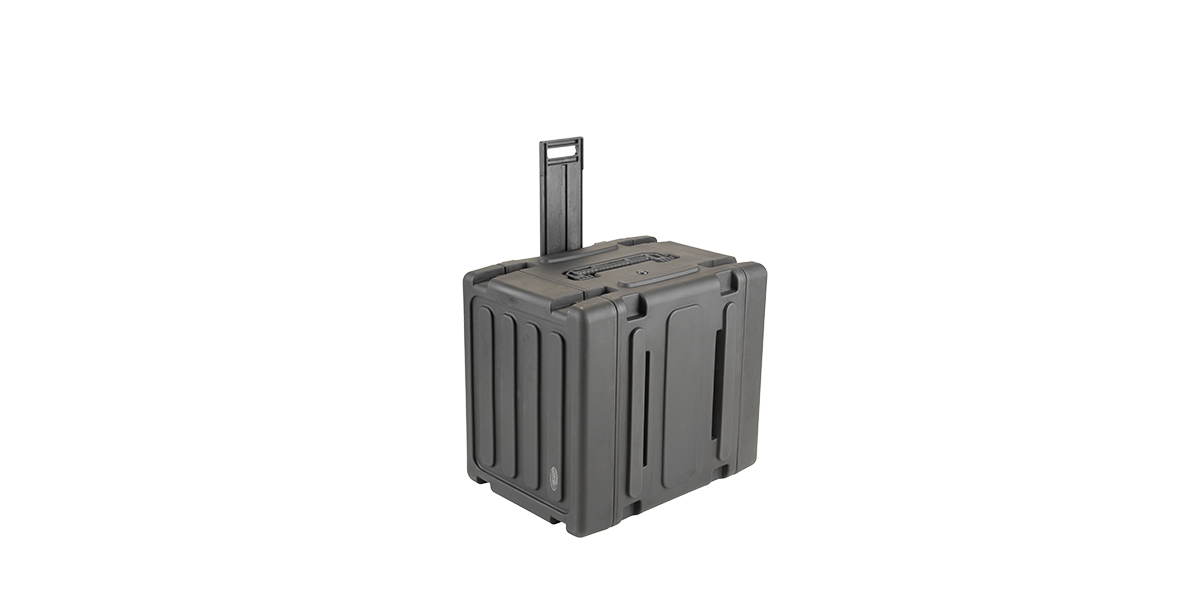 Angled upright view of 20-inch Rolling Shock Rack with telescoping handle extended for easy maneuverability.