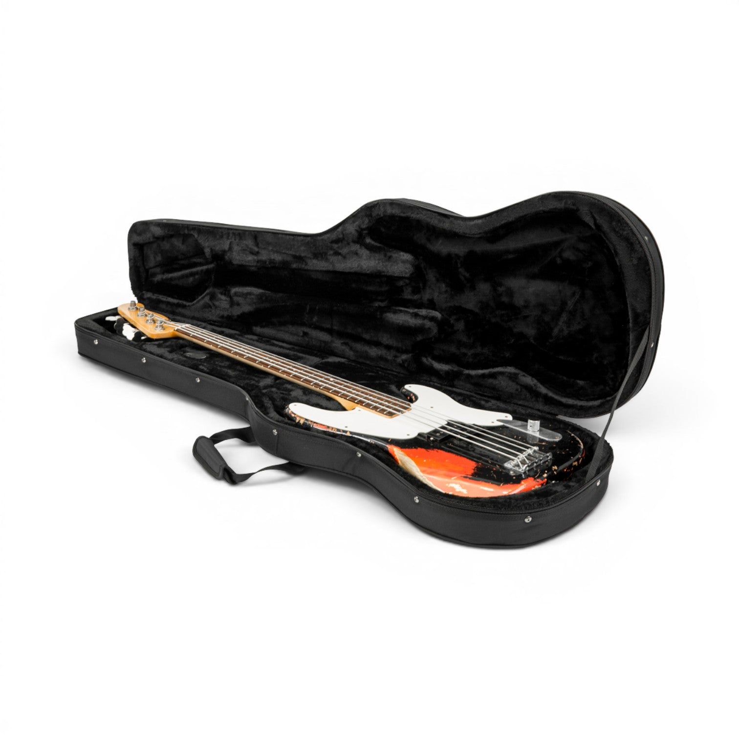Electric Bass Soft Case open at an angle, displaying EPS foam padding and snug fit for bass guitar protection and portability.