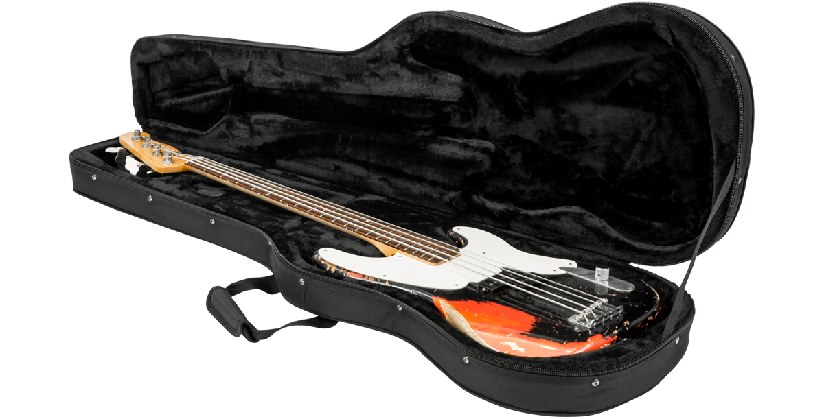 Electric Bass Soft Case open at an angle, displaying EPS foam padding and snug fit for bass guitar protection and portability.