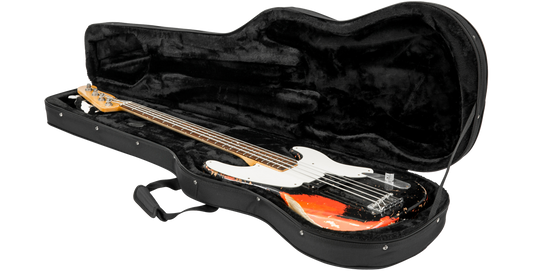 Electric Bass Soft Case open at an angle, displaying EPS foam padding and snug fit for bass guitar protection and portability.