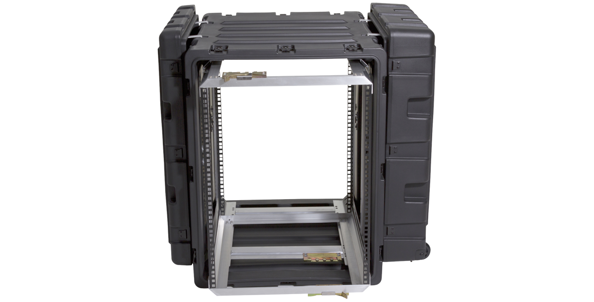 14U Shock Rack Transport Case with open front view showing internal aluminum frame for secure electronic equipment mounting.