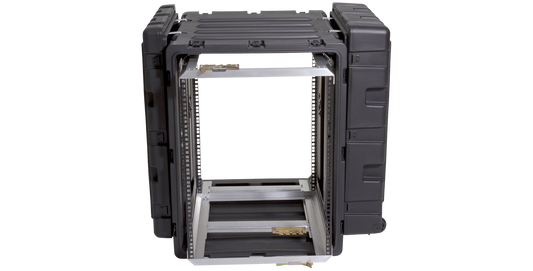 14U Shock Rack Transport Case with open front view showing internal aluminum frame for secure electronic equipment mounting.